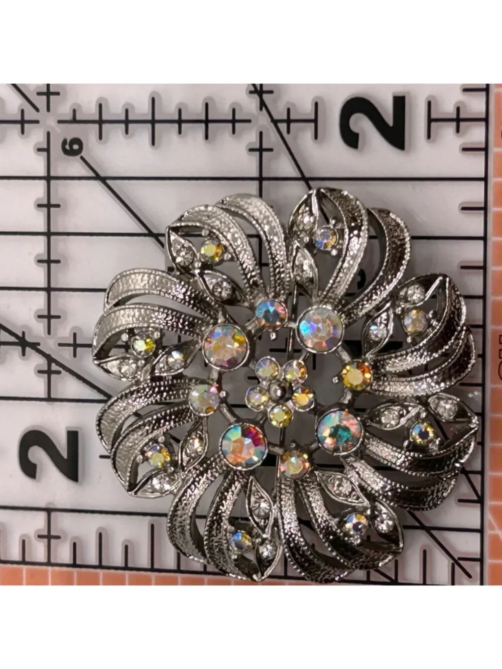 Vintage Aurora Borealis Brooch Rhinestone Silver-tone Pin Floral Starburst